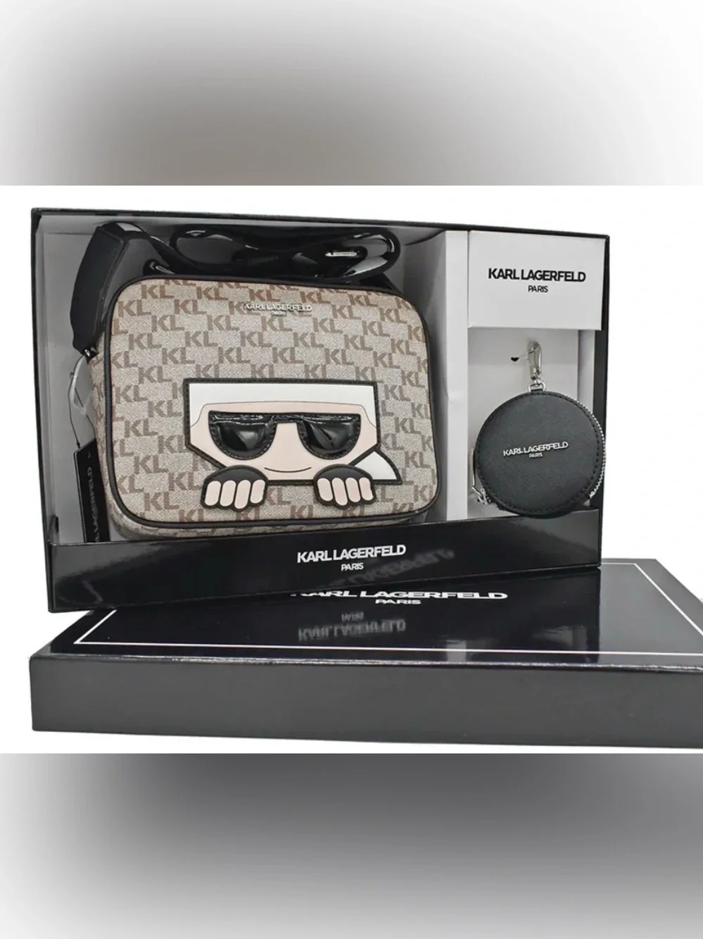 New Karl Lagerfeld Beige KL Monogram Crossbody Bag with Removable Coin Pouch